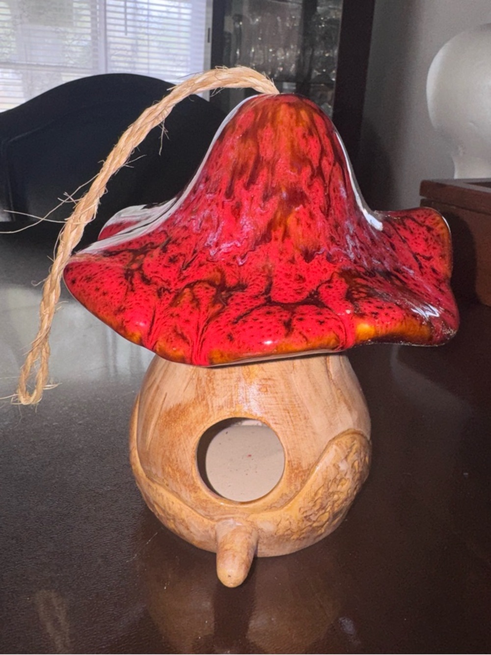 Ceramic Mushroom Birdhouse with Red Glazed Roof